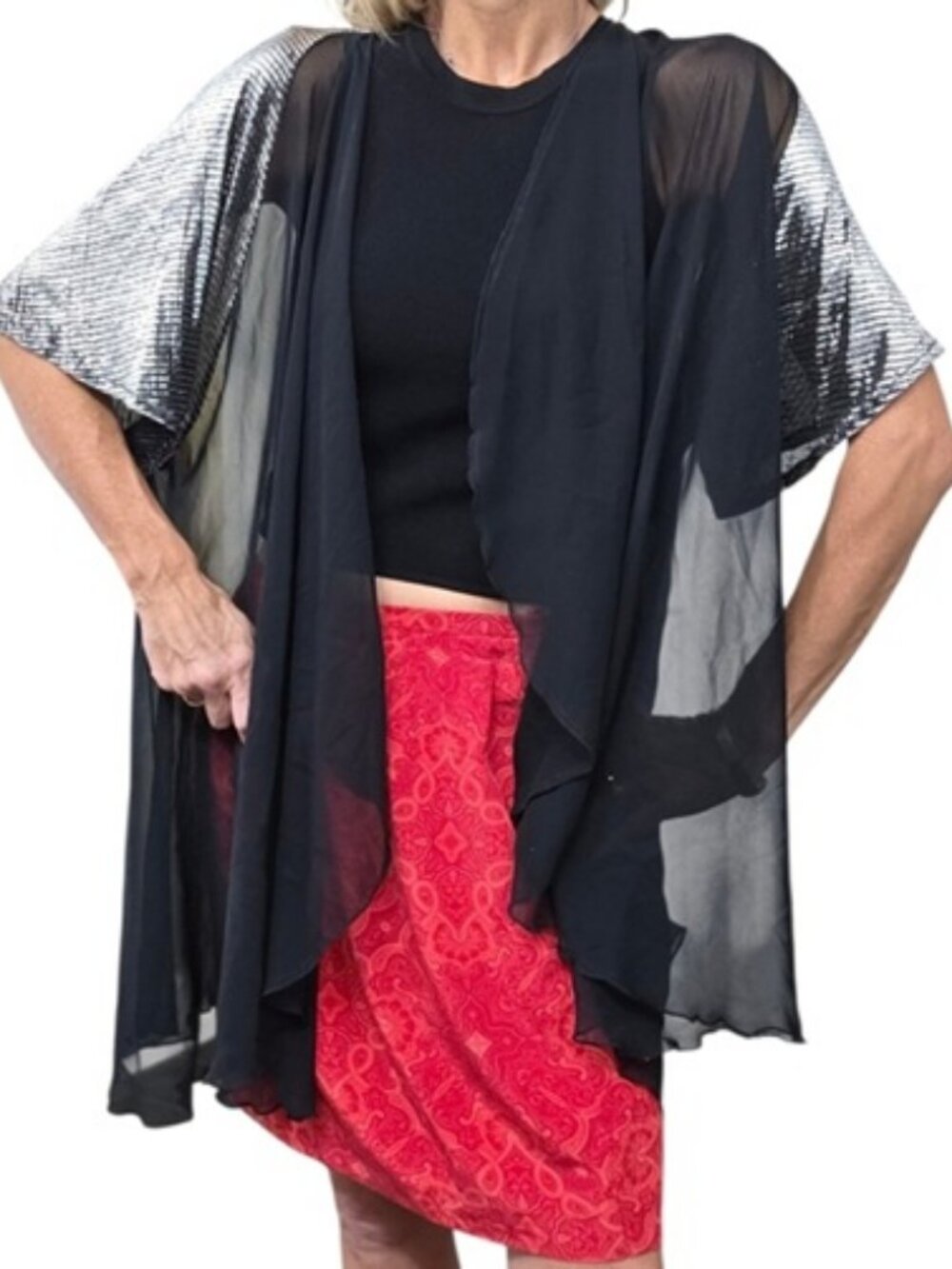 Vintage 80s Blanche Sheer Metallic Sleeve Duster Kimono Black Open Front USA S